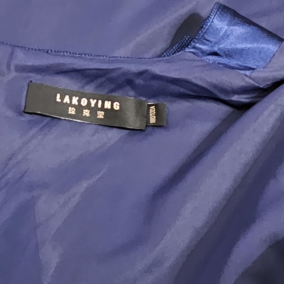 Elegant Dark Blue Metallic Flowers Details V-neck 3/4 Sleeve Sheath Dress - Picture 5 of 7